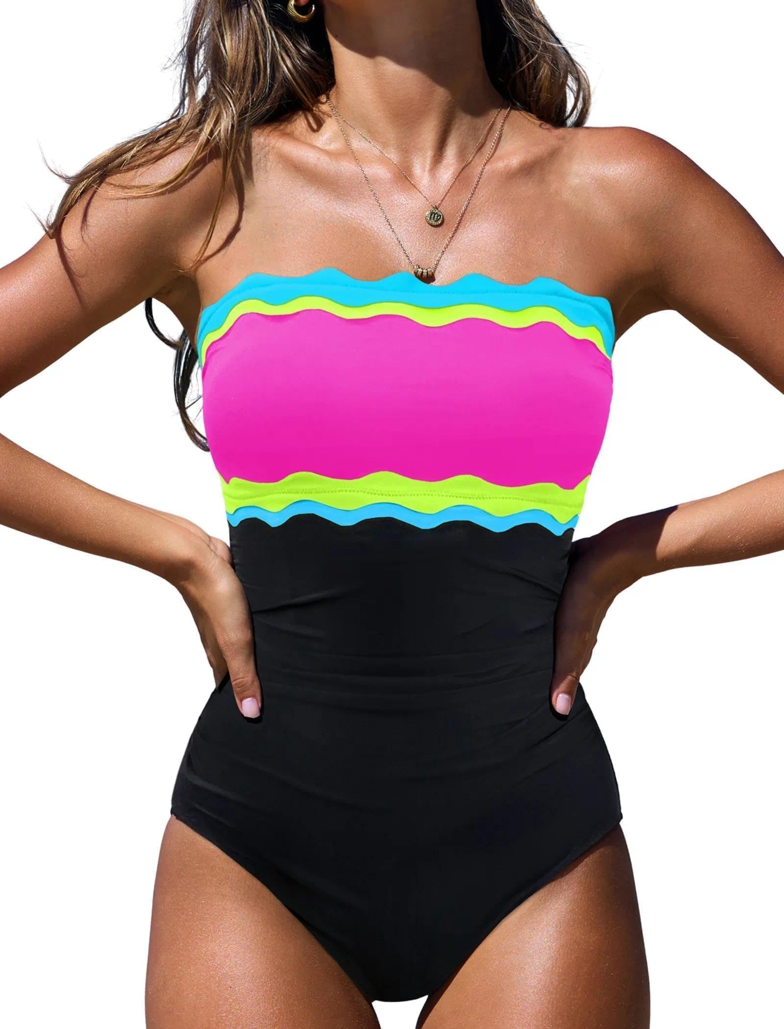 popvil One Piece Swimsuits for Women 2026 Strapless Tummy Control Neon Bandeau Bathing Suits, Pink, 2X-Large