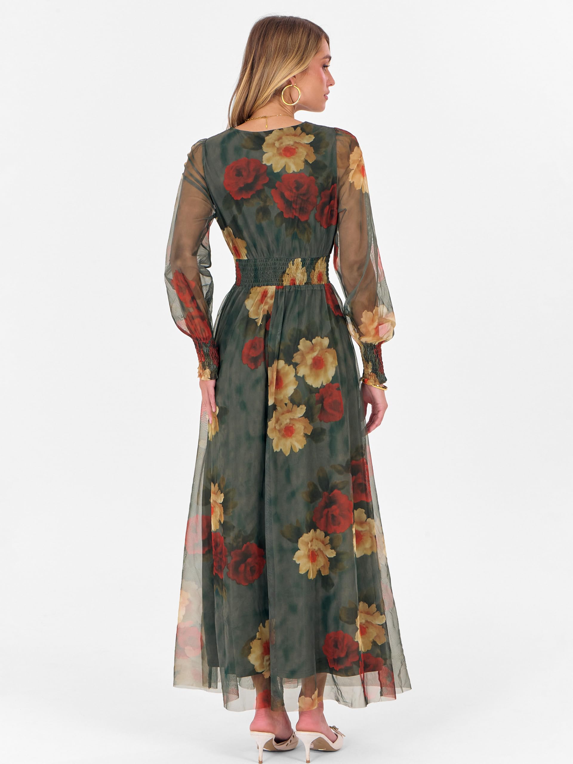 ANRABESS Women's Floral Maxi Dress 2025 Fall V Neck Puff Long Sleeve Flowy Casual Wedding Guest Tea Party Tulle Dresses Red and Yellow Rose M
