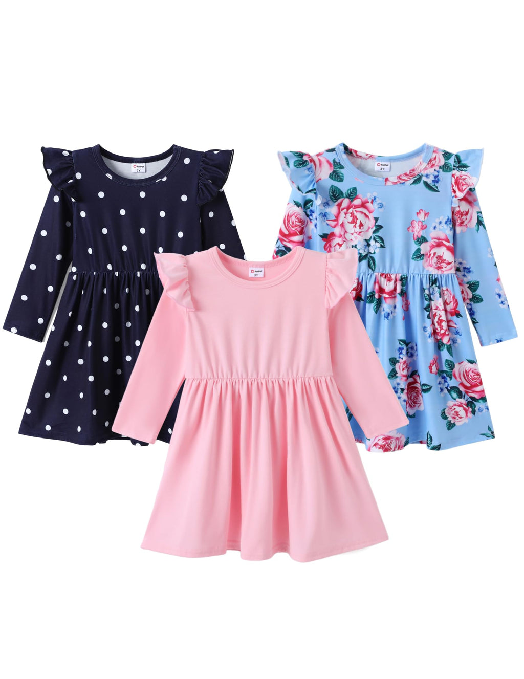 PATPAT Toddler Girl Outfit Set – Flutter Sleeve Long Sleeve Dresses in Sweet Blue Flower Patterns, Blue Flower, 5-6 Years