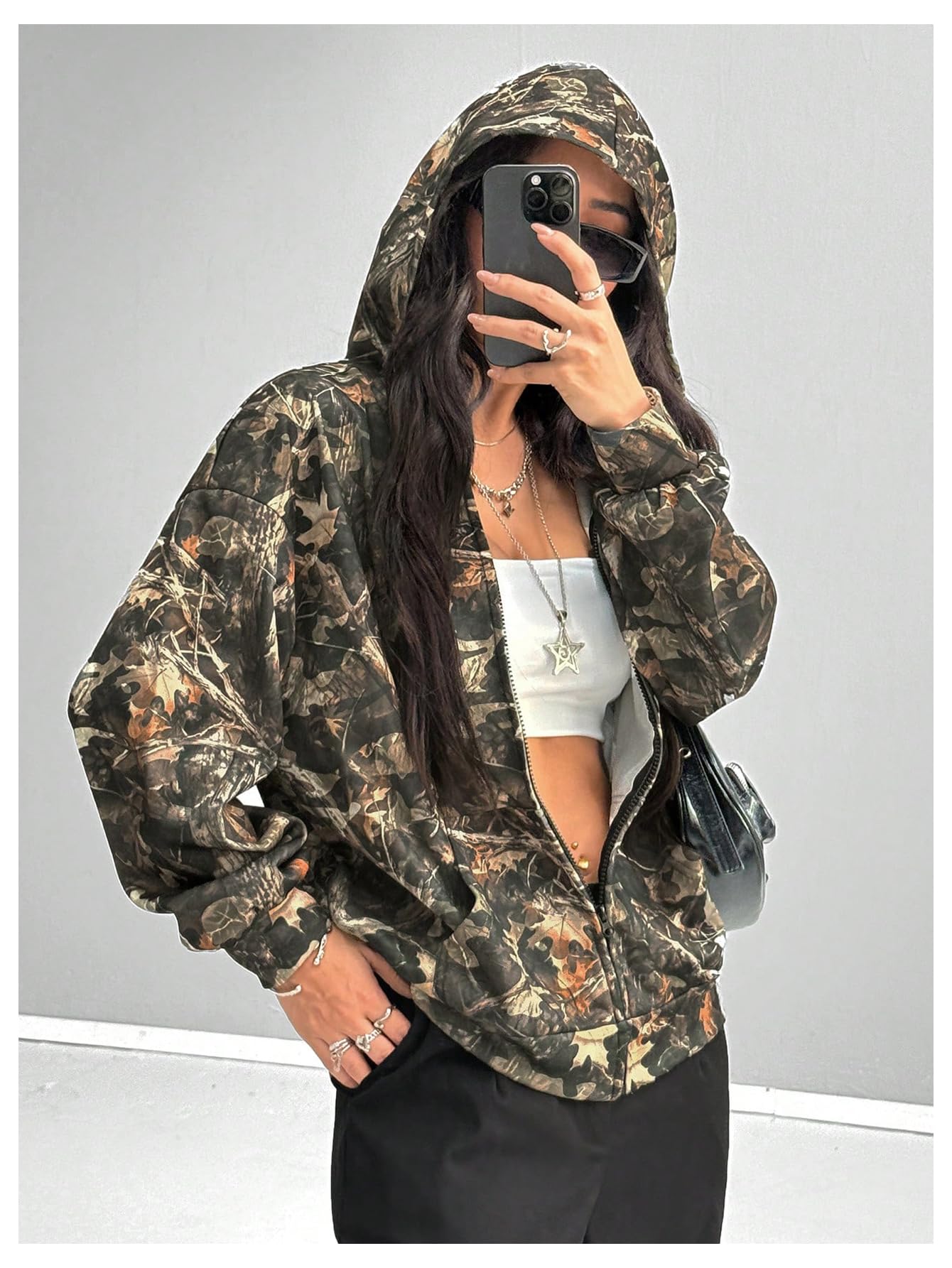 SOLY HUX Women's Y2k Camo Oversized Hoodie Vintage Zip Up Drop Shoulder Streetwear Sweatshirts with Pockets Army Green Camo Medium
