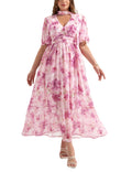 EYWOL Plus Size Wedding Guest Dress - Chiffon Floral Maxi Dress with Flutter Sleeves, Tea Party Dresses for Woman, V Neck High Waist Summer Dresses Pink