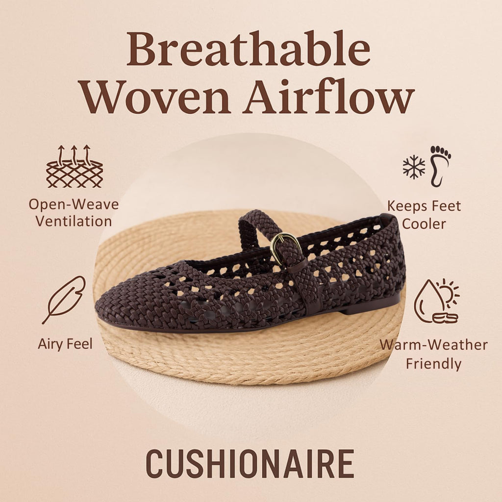 CUSHIONAIRE Windsor Woven Womens Flats with Adjustable Strap – Comfortable Mary Jane Ballet Flats for Women, Brown 10W