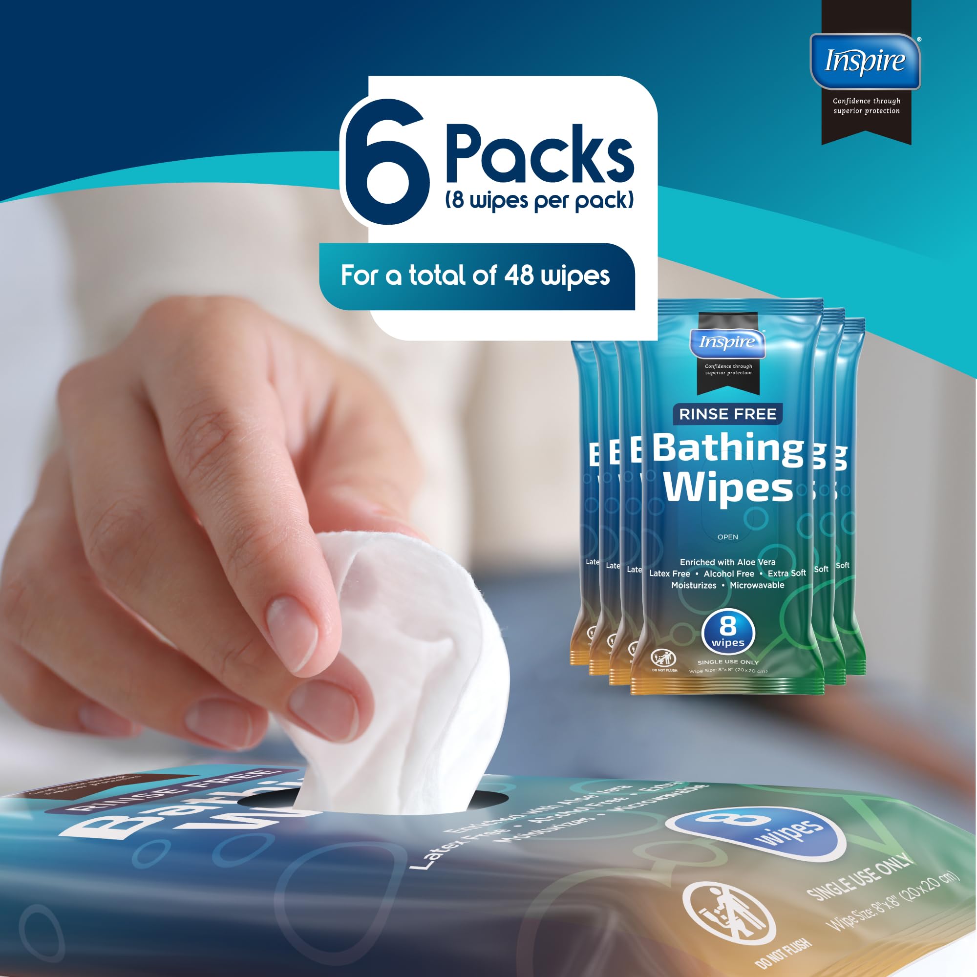 Body Wipes for adults bathing rinse free | Adult Wash Cloths Extra Large, Bathing Wipes for Incontinence, 8"x 8" In (48 count) | By Inspire