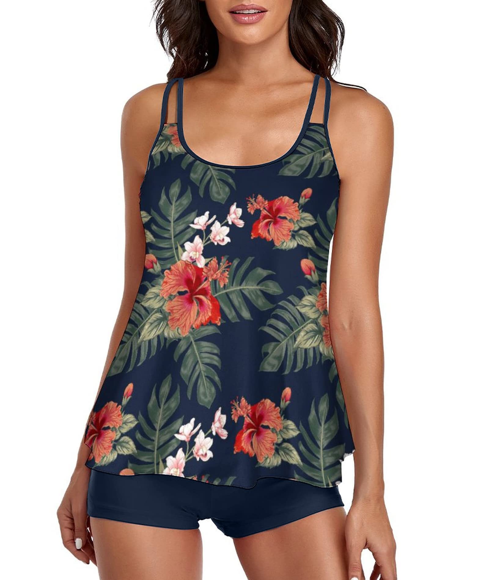 Stylish Swim Suits for Women Slimming Tankini Set Adjustable Straps 2 Piece Swimwear Tropical Hawaii Beach Pool Party Photoshoot Flattering Hides Belly Perfect for Vacation Tropical Navy L