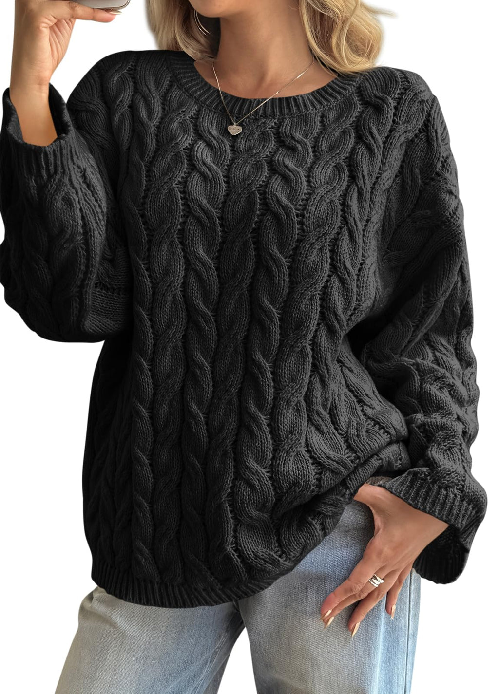 Cicy Bell Womens Oversized Cable Knit Sweaters Long Sleeve Crewneck Chunky Loose Fit Pullover Tops Black