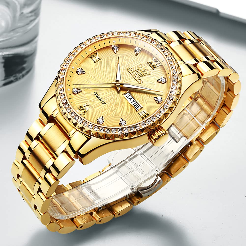 OLEVS Men Gold Watches Luxury Diamond Stainless Steel Large Watches Business Dress Waterproof Luminous Date Wrist Watch for Men