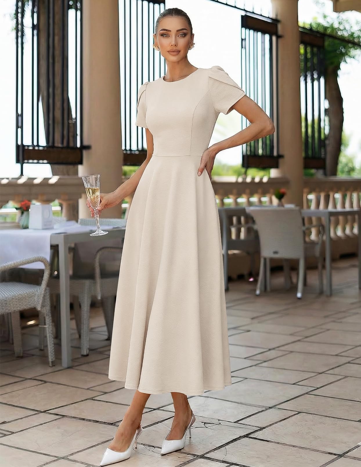 MEROKEETY Women's 2026 Summer Midi Dresses Short Sleeve Crewneck A Line Pleated Wedding Guest Flowy Long Dress with Pockets, Apricot, Large
