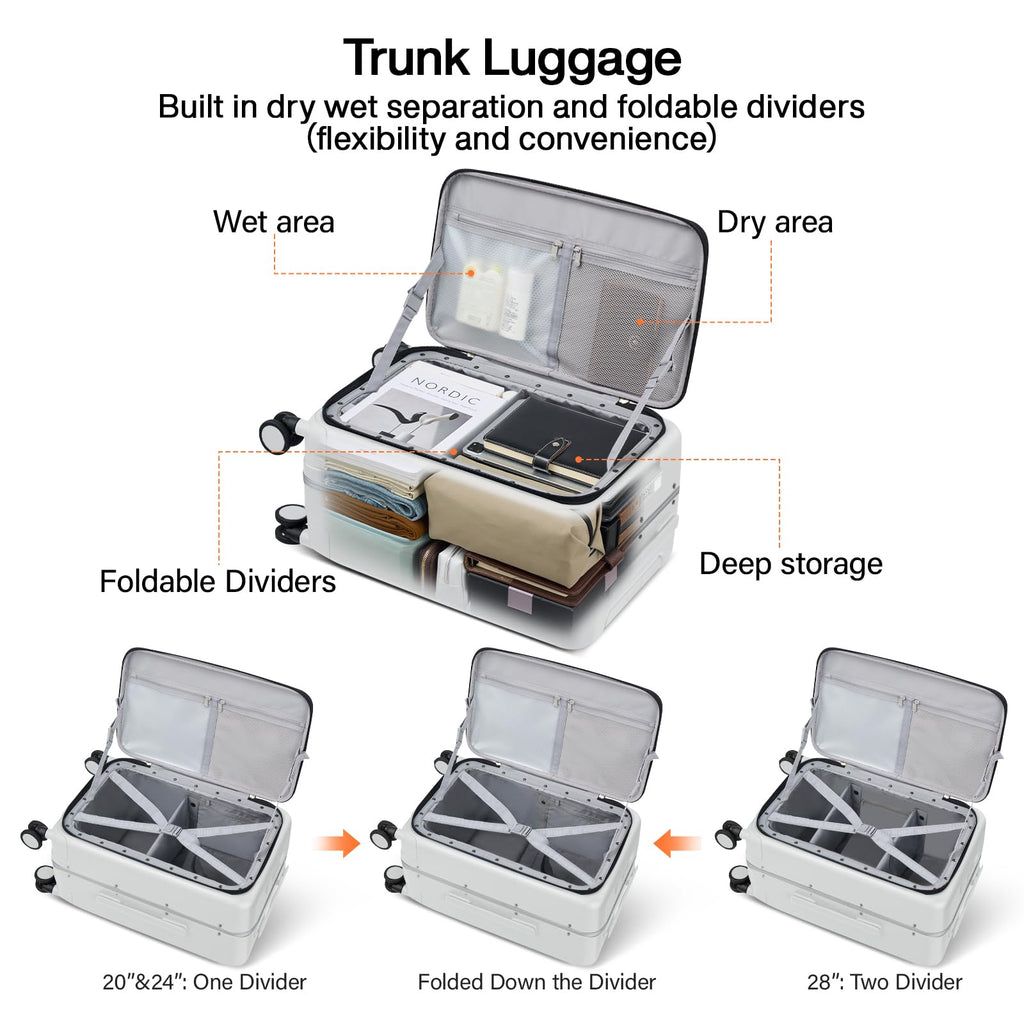 Hanke 28 Inch Checked Luggage with Cup Holder and USB Ports, Top Opening Hard Shell Suitcase with Wheels, Aluminum Frame Large Trunk Luggage with Foldable Divider & TSA Lock for Travel, Smoke White