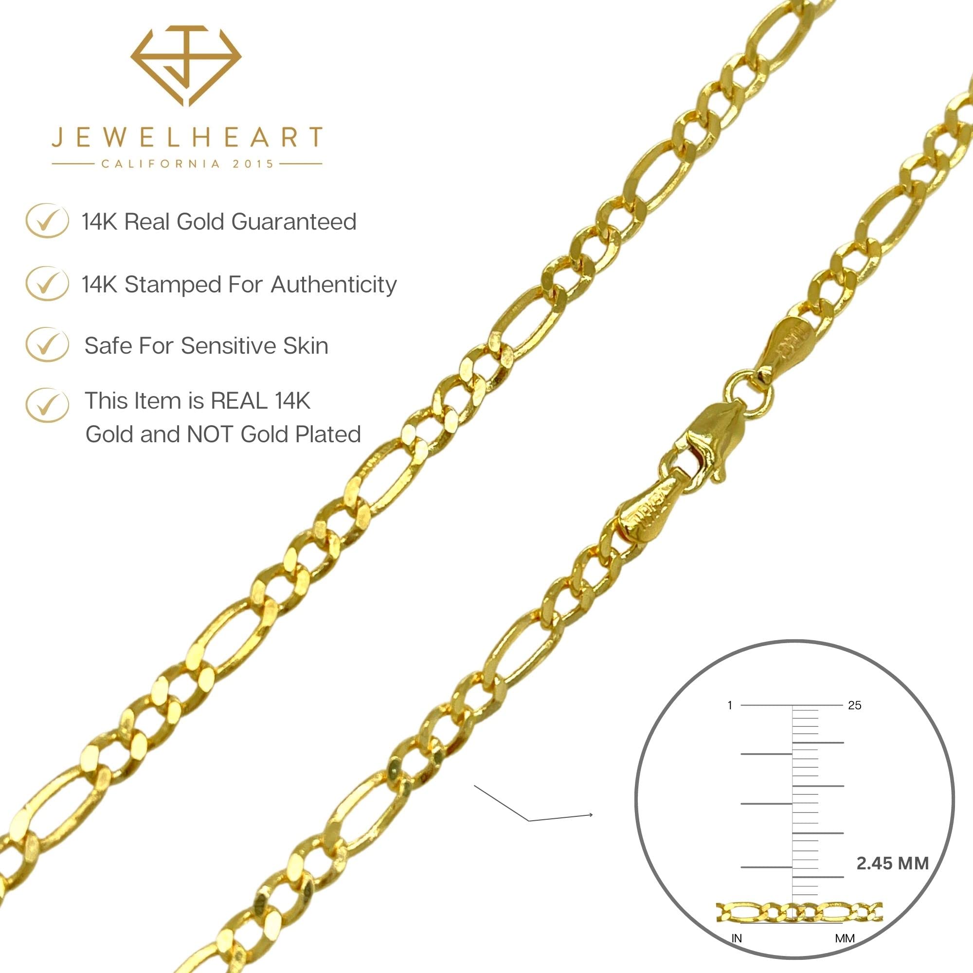 JEWELHEART 14K Real Gold Figaro Chain - 2.45mm Diamond Cut Cuban Link Figaro Necklace For Men - Dainty Yellow Gold Pendant Necklace For Women with Lobster Clasp 24"
