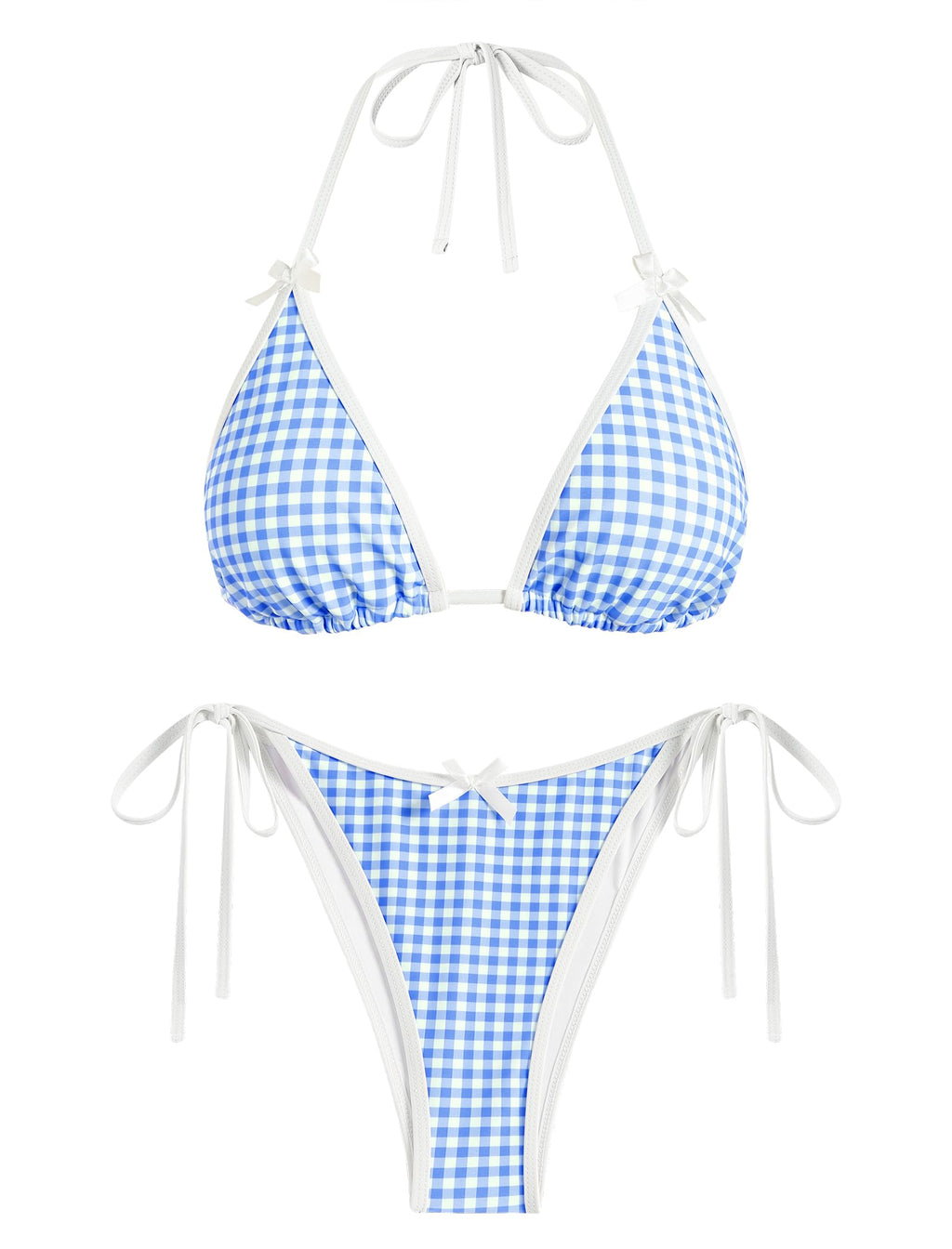 ZAFUL Bikini Sets for Women Halter Bow Decor Tiny Floral Gingham Print Swimsuit Tie Side 2 Pieces Bathing Suit (2-a-Sky Blue, M)