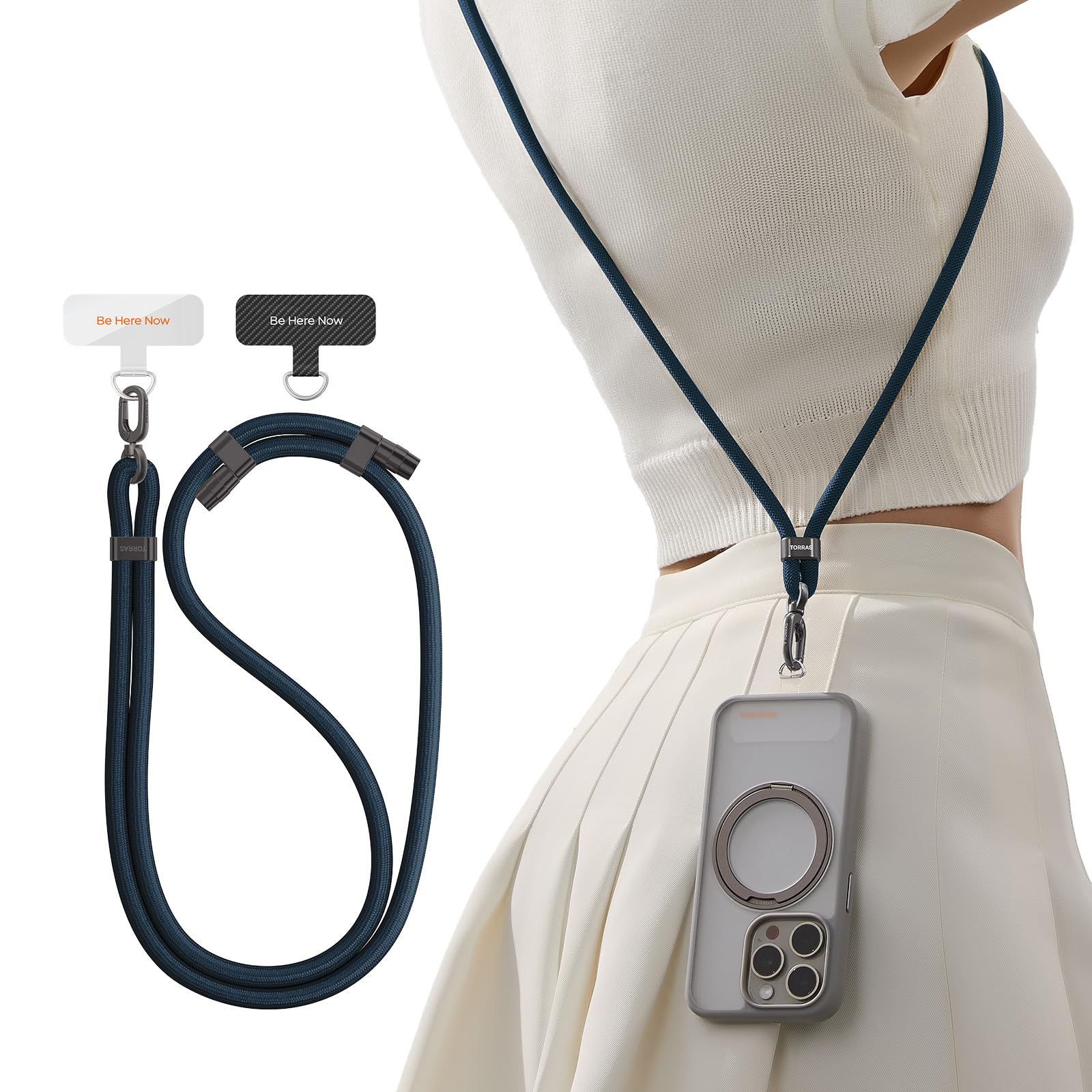 TORRAS Phone Lanyard Crossbody with 2 Phone Tabs, Adjustable Anti Theft Strap for All Cellphone, Premium Metal Buckles, Skin-Friendly, Universal Cellphone Neck lanyard for Travel Essentials, Deep Blue