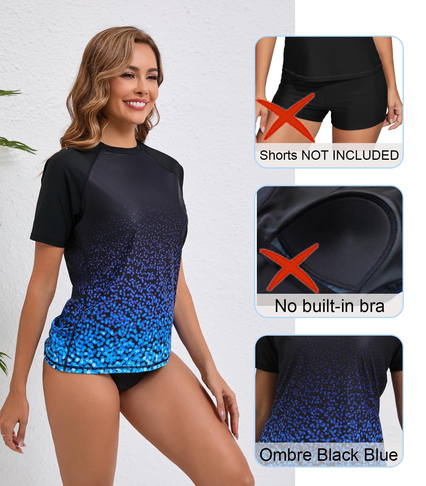 Halcurt Women's Short Sleeve Swim Shirt Rash Guard Swimsuit Top Only UPF50+ Sun Protection Bathing Suit Ombre Black Blue M