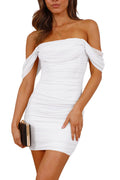 PRETTYGARDEN Cocktail Dresses 2025 Summer Off Shoulder Sexy Bodycon Ruched Mesh Graduation Wedding Guest Mini Short Dress (White,Small)