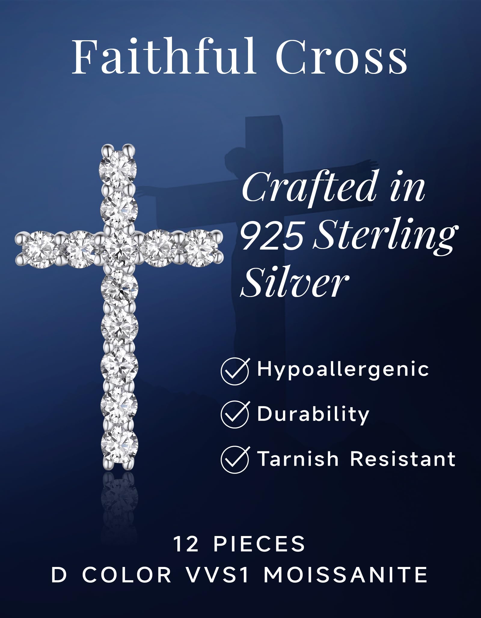 MomentWish Cross Necklace, Christian Gifts for Women, 1.2 Carat Moissanite Cross Pendant, 925 Sterling Silver Necklaces Religious Anniversary Birthday Gifts for Women-Classic