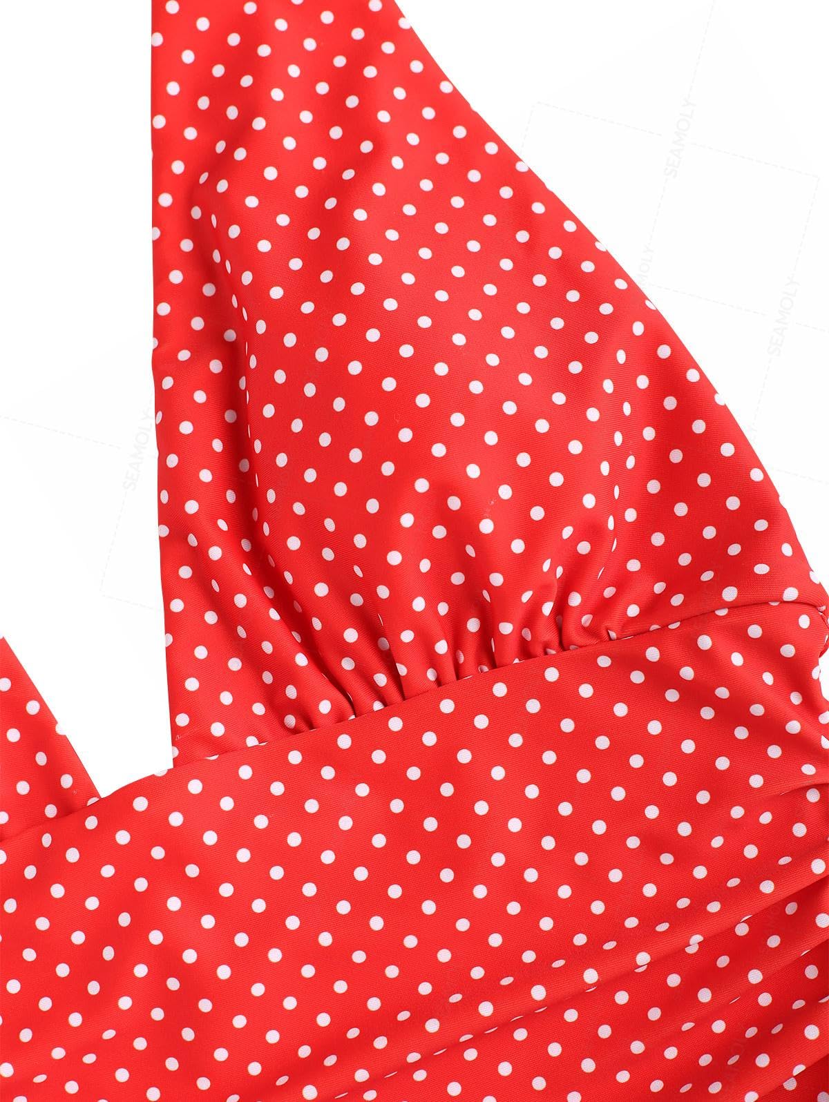 seamoly Red Polka Dot Print Plunging Neck One-Piece Swimsuit Red XS