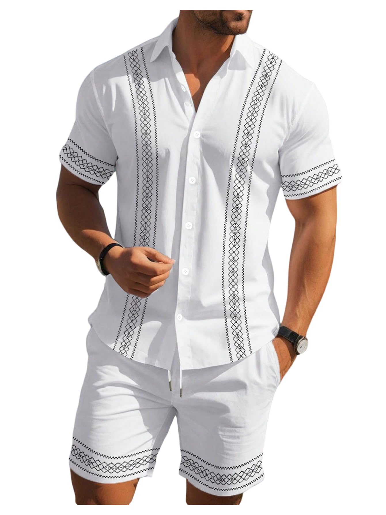 WDIRARA Men's 2 Piece Outfits Geometric Print Button Down Short Sleeve Shirt Shorts Set Vacation Outfits White Large