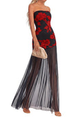 KIRUNDO Women's 2026 Summer Strapless Bodycon Floral Maxi Dress Mesh Mermaid Wedding Guest Cocktail Party Formal Dresses(Black Red Flower, Medium)