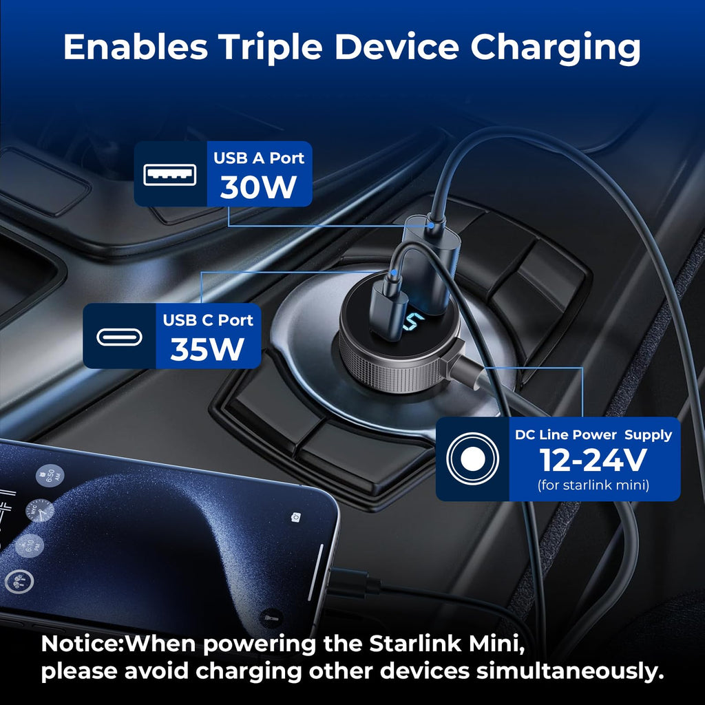 Starlink Mini Cable, 3 in 1 Starlink Mini Car Charger DC Power Cable+ Cigarette Lighter Adapter 12V-48V with Digital Display, Durable USB C PD 40W and USB A 35W Ports for Trucks and Cars (10FT)