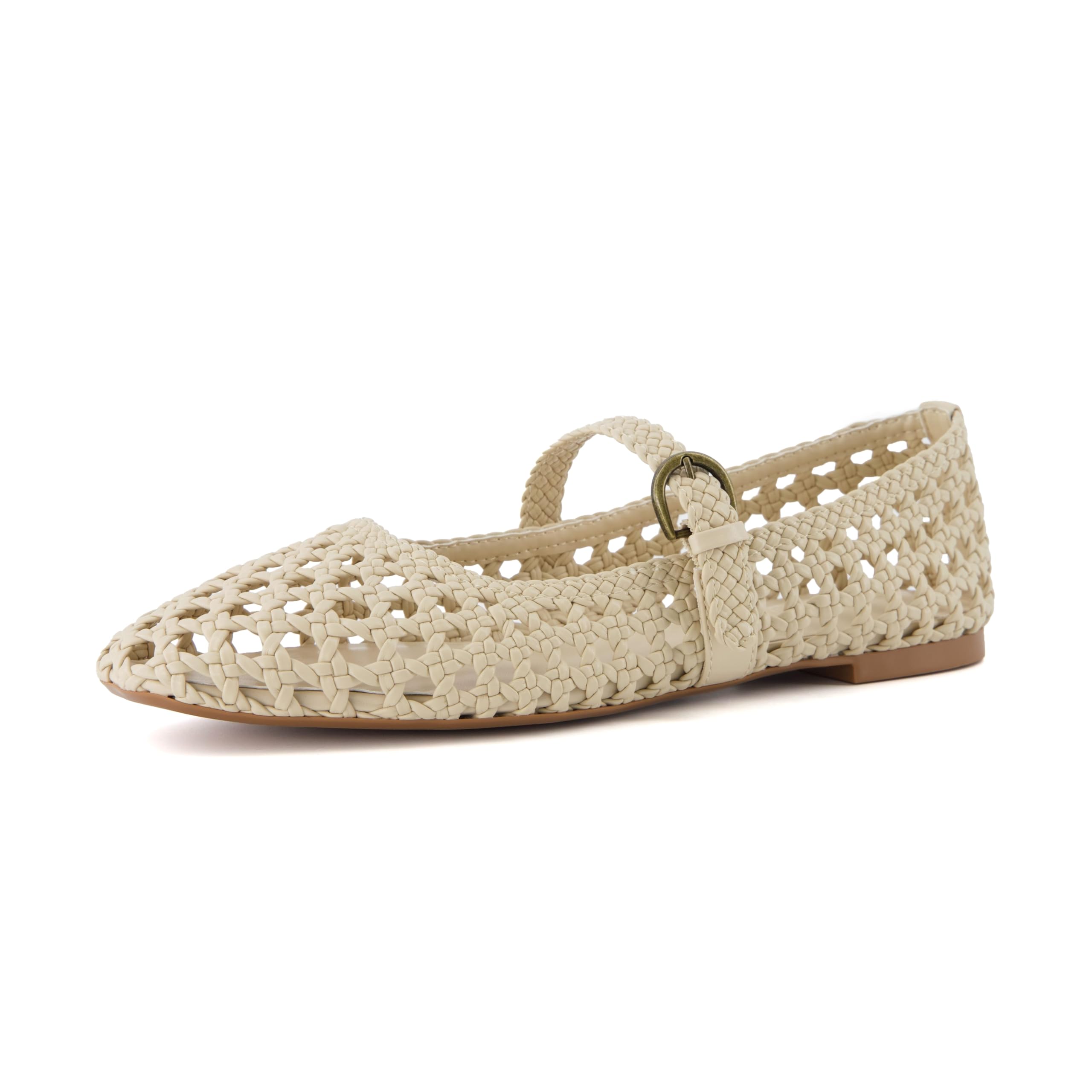 CUSHIONAIRE Weston Hand Woven Mary Jane Flats for Women, Comfortable Dressy Ballet Flats with Braided Adjustable Buckle and Memory Foam Cushioning, Wheat 9