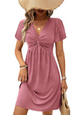 Acelitt Women's Casual Fashion 2026 Summer Twist Front V Neck Short Sleeve Mini Dress High Waisted A Line Ruffle Dresses Sundresses Pink Medium