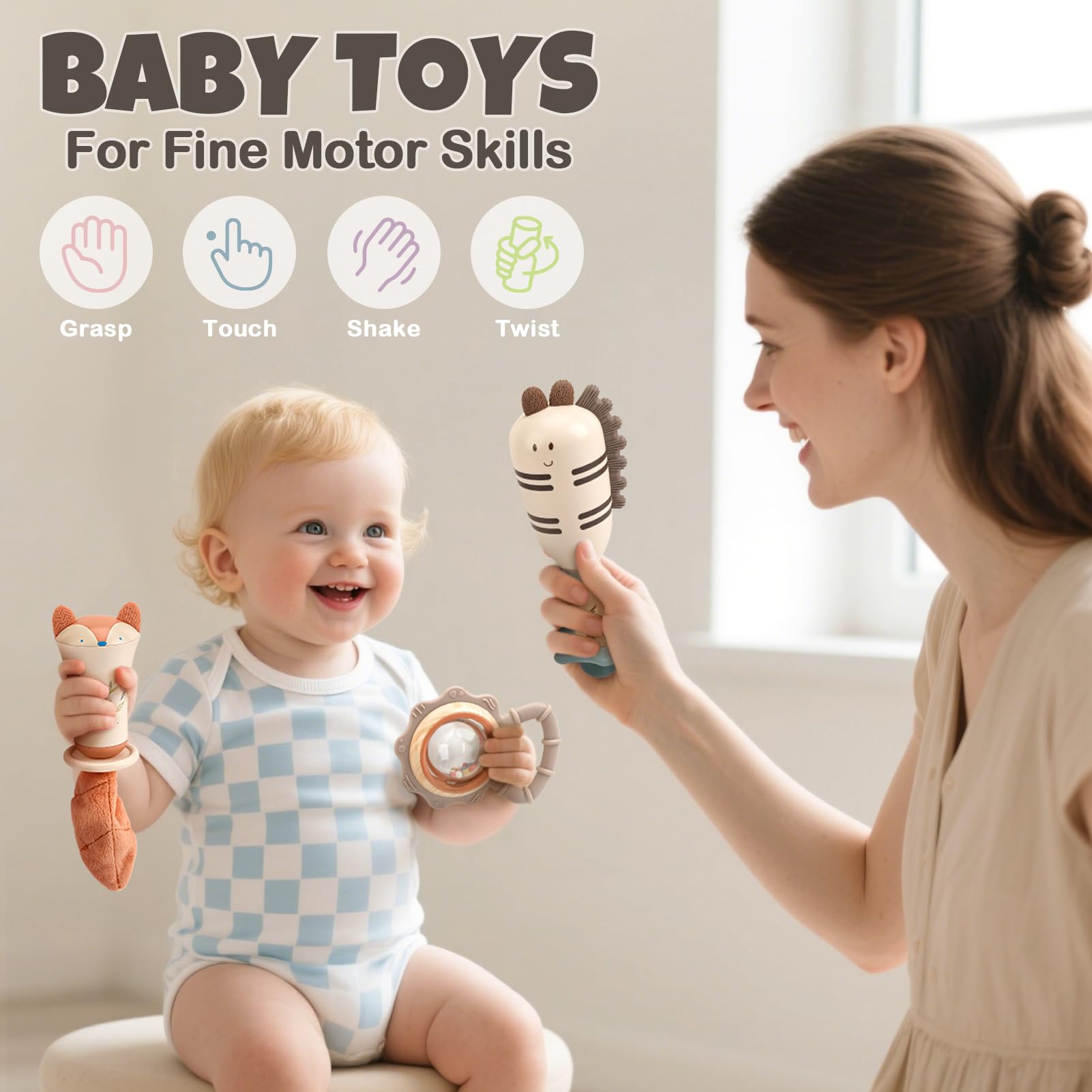 Baby Rattles & Teethers Set – Baby Toys 0-6 Months, Teething Toys 3-6 Months, Sensory Toys with Soft Textures, Gentle Sounds & Easy-Grip Shape, Neutral Newborn Gift（10-Pack）