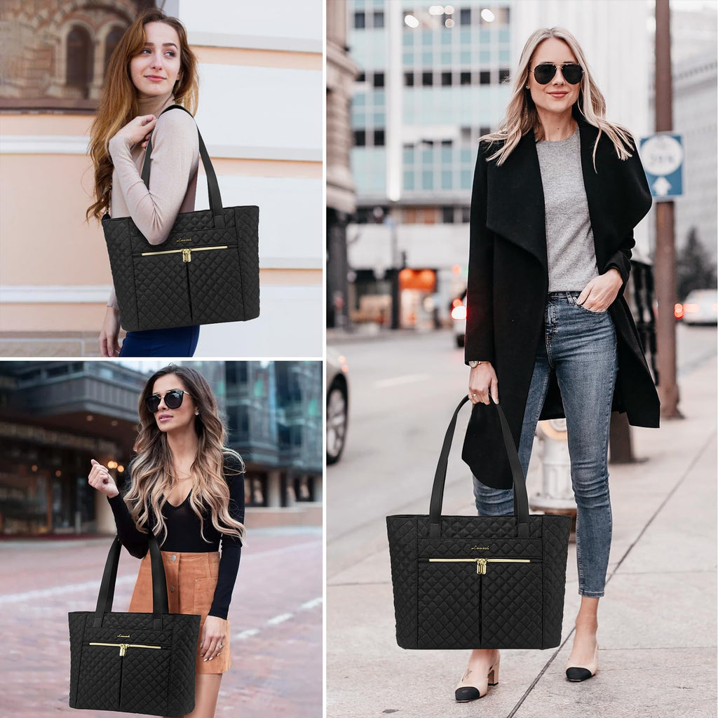 LOVEVOOK Laptop Bag for Women 15.6 inch,Diamond Quilted Work Tote Bags Womens Laptop Tote Computer Shoulder Bags,Stylish Travel Tote Bags Laptop Purse Case Briefcase Handbag with Clutch Bag,Black