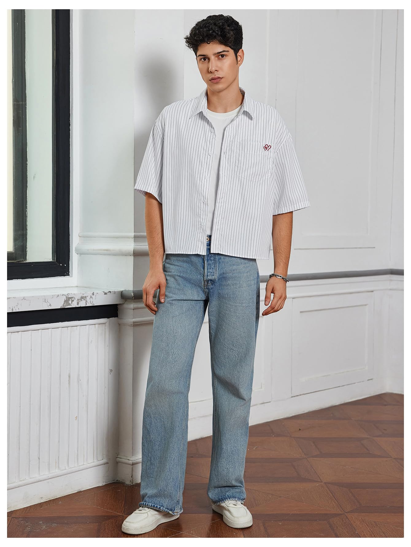 SweatyRocks Men's Striped Button Down Shirt Short Sleeve Collared Loose Fit Crop Shirt with Pocket White X-Small