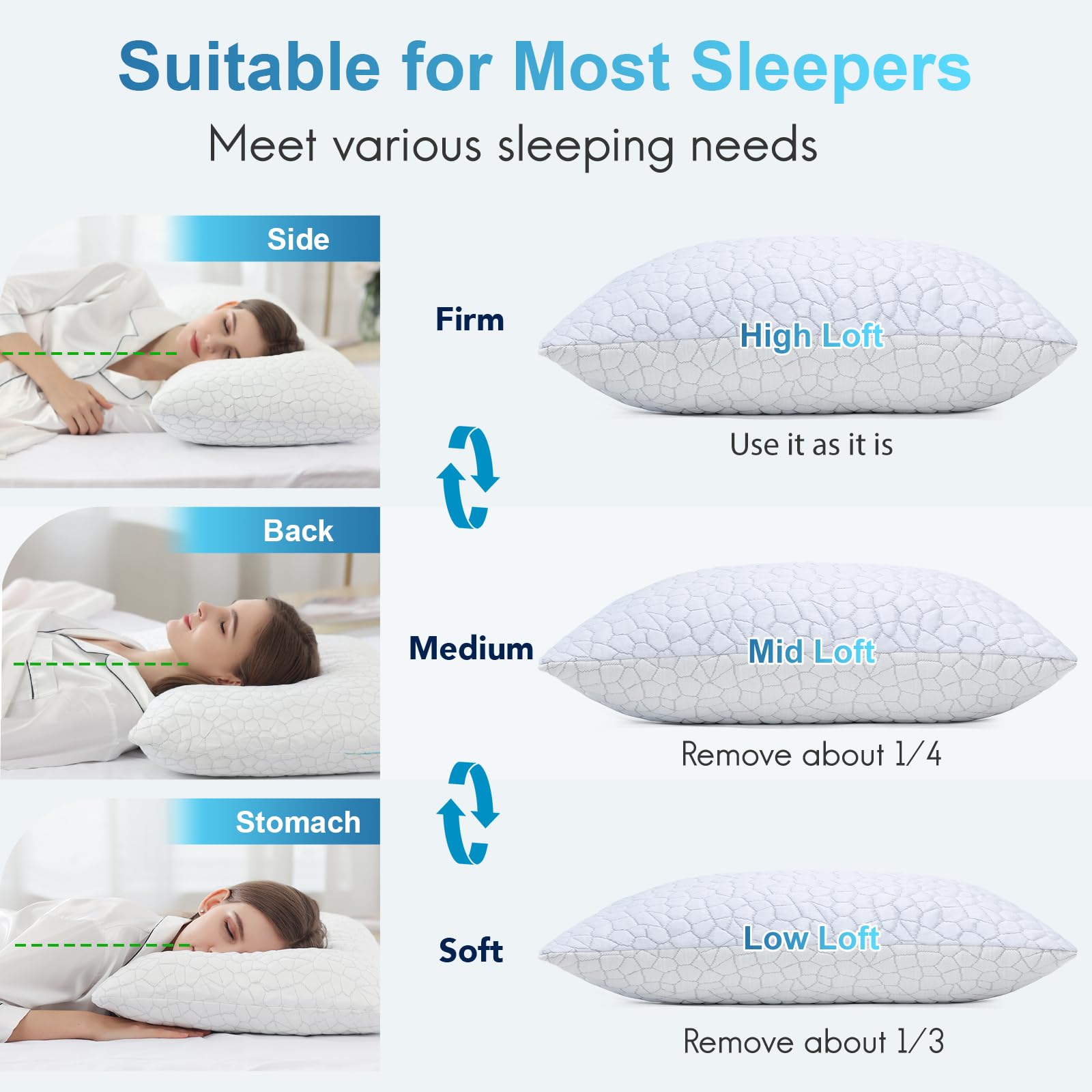 QUTOOL Cooling Pillow for Sleeping 2 Pack, Luxury Shredded Memory Foam Bed Queen Pillows Set of 2, Cool Pillow for Hot Sleepers Adjustable Firm Pillow for Side, Back, Stomach Sleepers Soft Yet Support