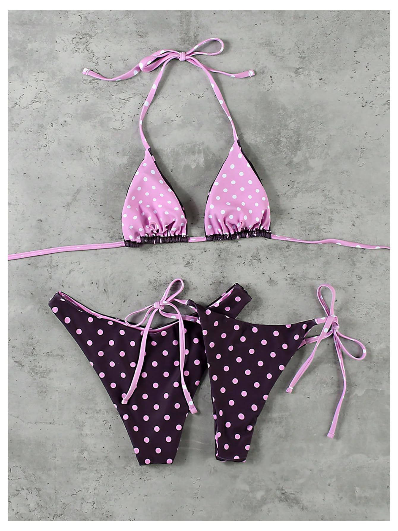 WDIRARA Women's Polka Dots Bikini Set 3 Piece Triangle Swimsuit Halter Thong Bathing Suit Black X-Large