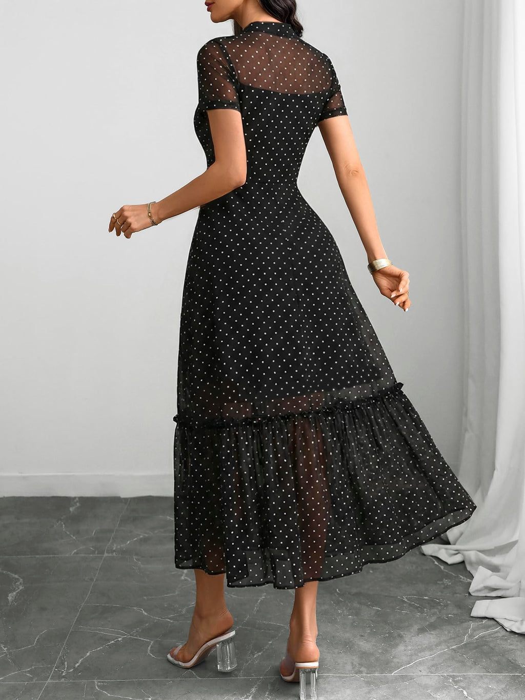 GothDark Women's Summer Floral Mesh Ruffle Dress Short Sleeve Round Neck Waist Cinched Casual Maxi Wedding Guest Dresses Polka Dot