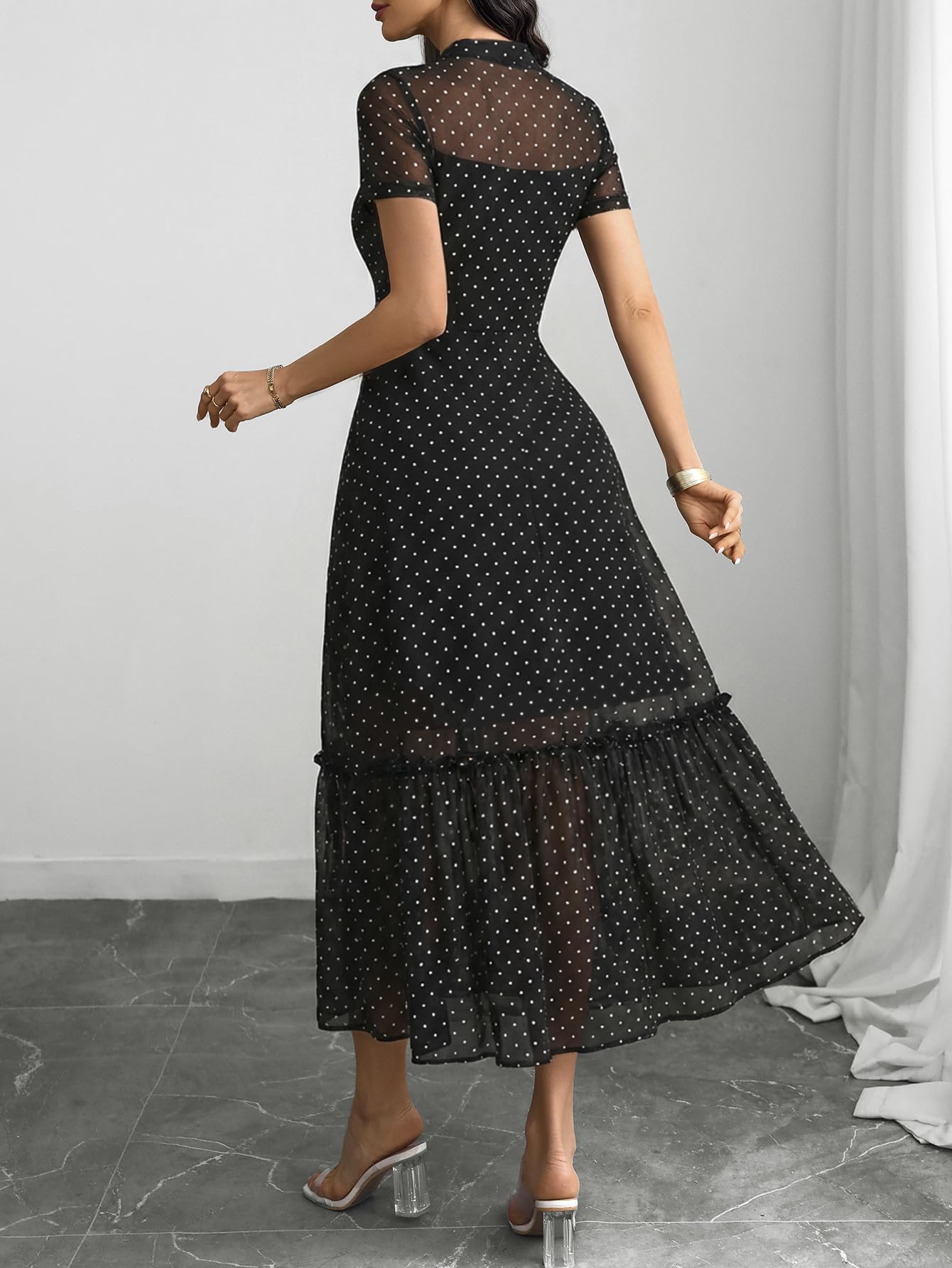GothDark Women's Summer Floral Mesh Ruffle Dress Short Sleeve Round Neck Waist Cinched Casual Maxi Wedding Guest Dresses Polka Dot