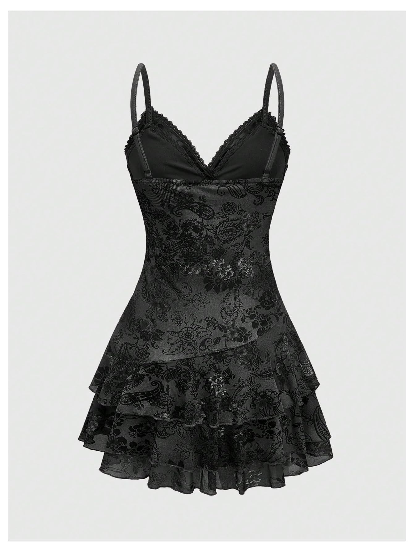 Verdusa Women's Y2k Outfits Gothic Dresses Vintage Boho Beaded Ruffle Lace Paisley Print Tiered Mini Summer Dress Black Medium