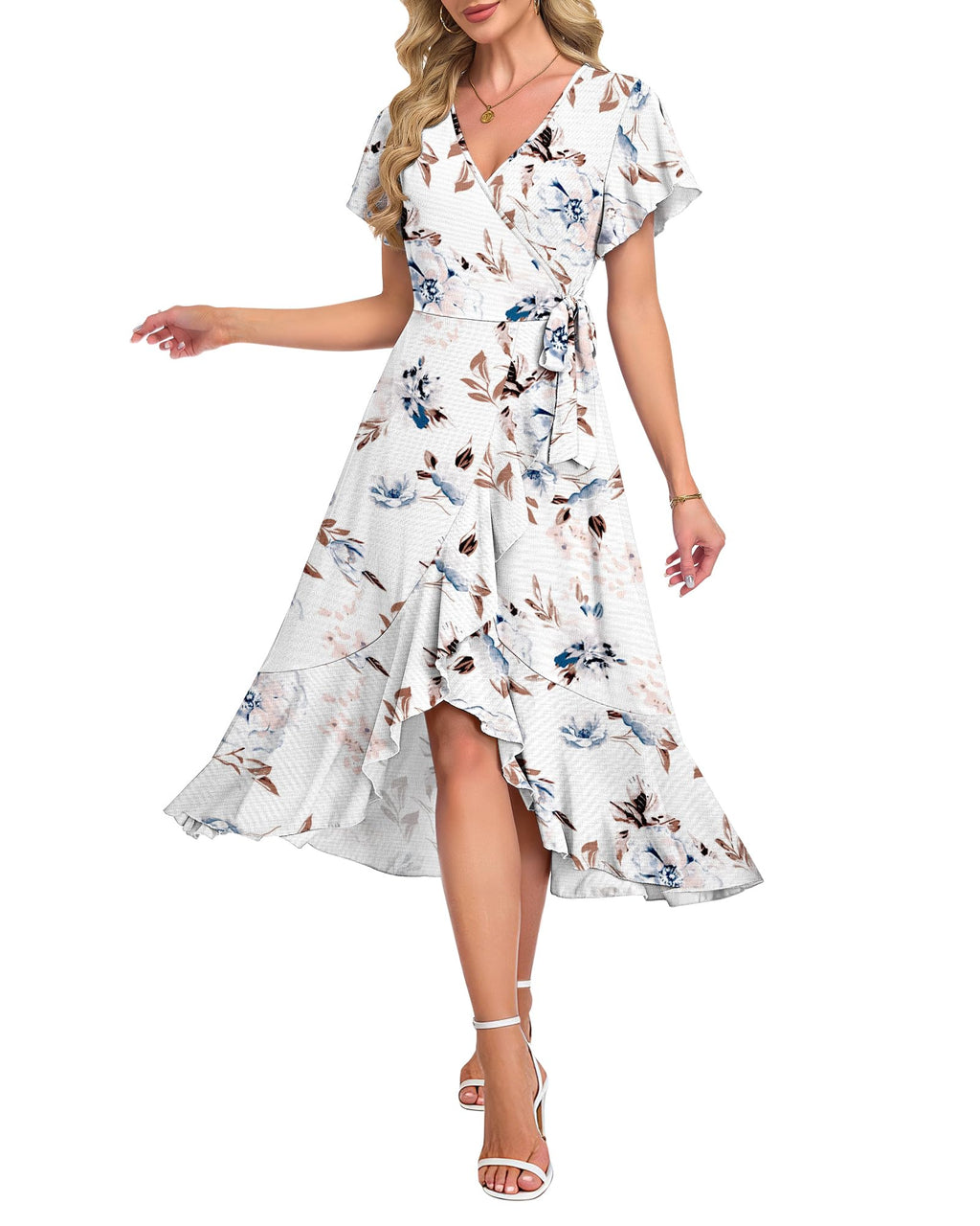 AUSELILY Women Summer Midi Dresses Wrap Short Flutter Sleeve V Neck Boho Slit Flowy Ruffle Dress Wedding Guest Dresses