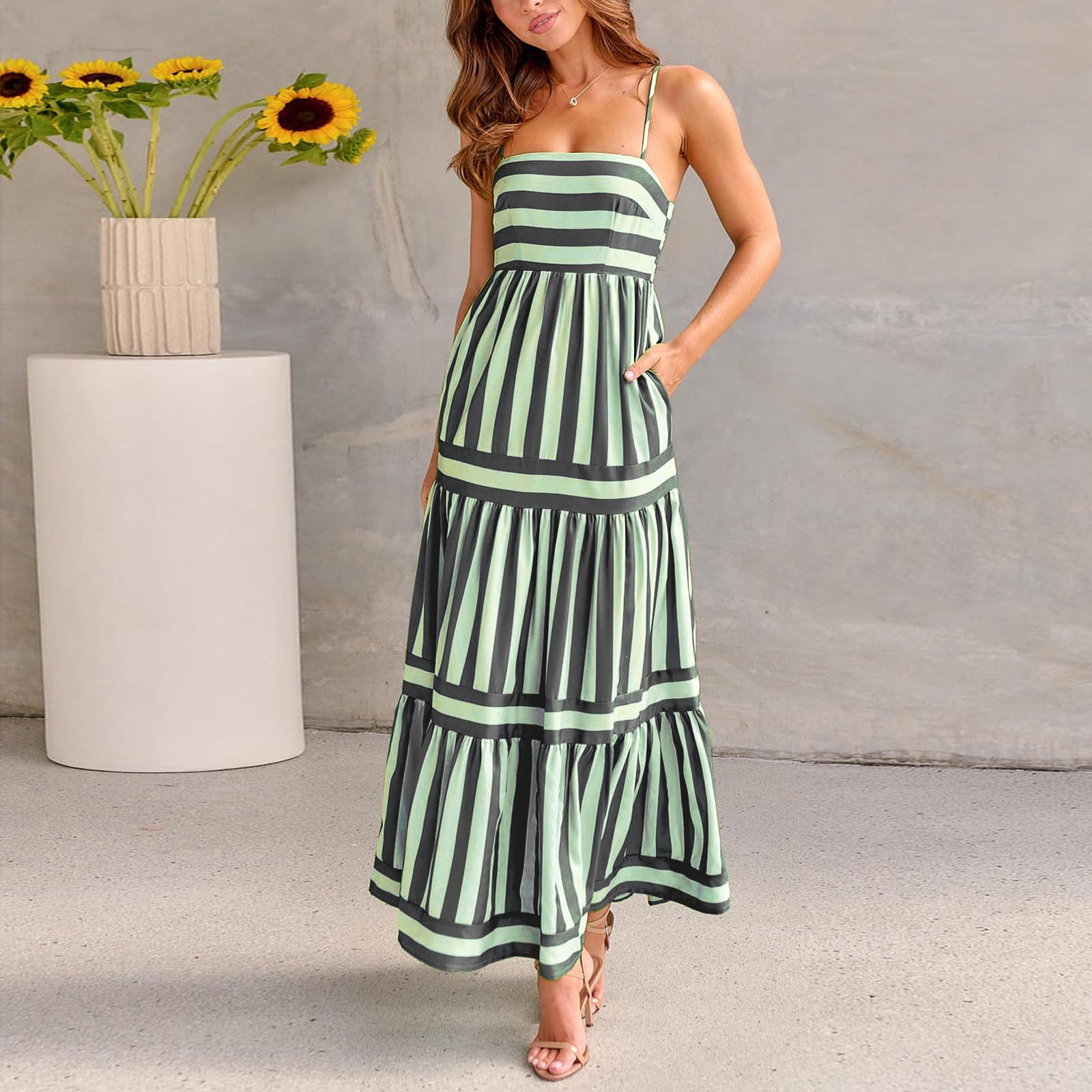 Yuemengxuan Boho Maxi Dresses for Women Spaghetti Strap Flowy Smocked Long Dress Casual Summer Vacation Beach Maxi Dress (Dark Grey #Ccgw, S)