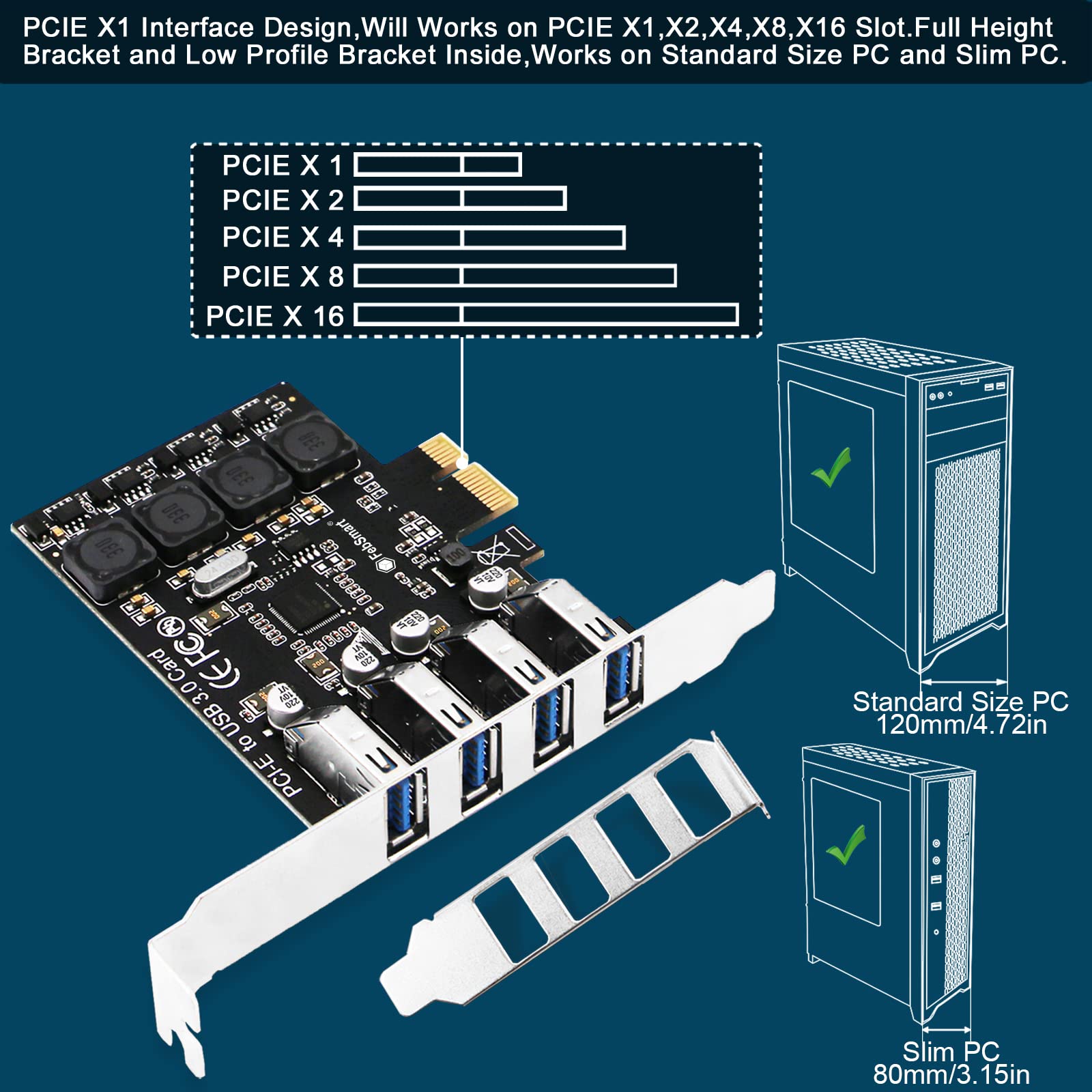 FebSmart PCIE 4-Ports Superspeed 5Gbps USB 3.0 Expansion Card for Windows 11, 10, 8.x, 7, Vista, XP Desktop PCs, Built in FebSmart Self-Powered Technology, No Need Additional Power Supply (FS-U4L-Pro)