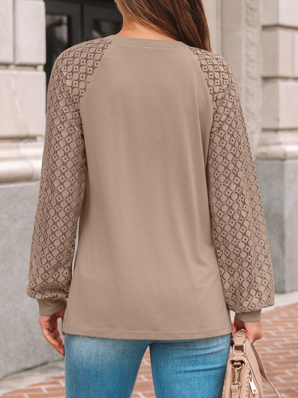 AUTOMET Womens Long Sleeve Shirts Lace Tops Business Casual Blouses 2026 Fall Winter Fashion New Years Eve Nye Outfits Trendy Clothes Knit T Ladies Dressy Work Professional Clothing Khaki M