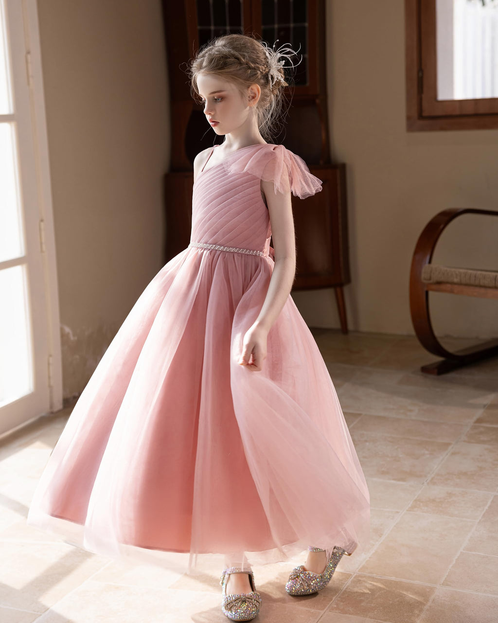 GetWish Tulle Flower Girls Dress One Shoulder Formal Princess Wedding Pageant Birthday Party Holiday Ball Gown Dresses