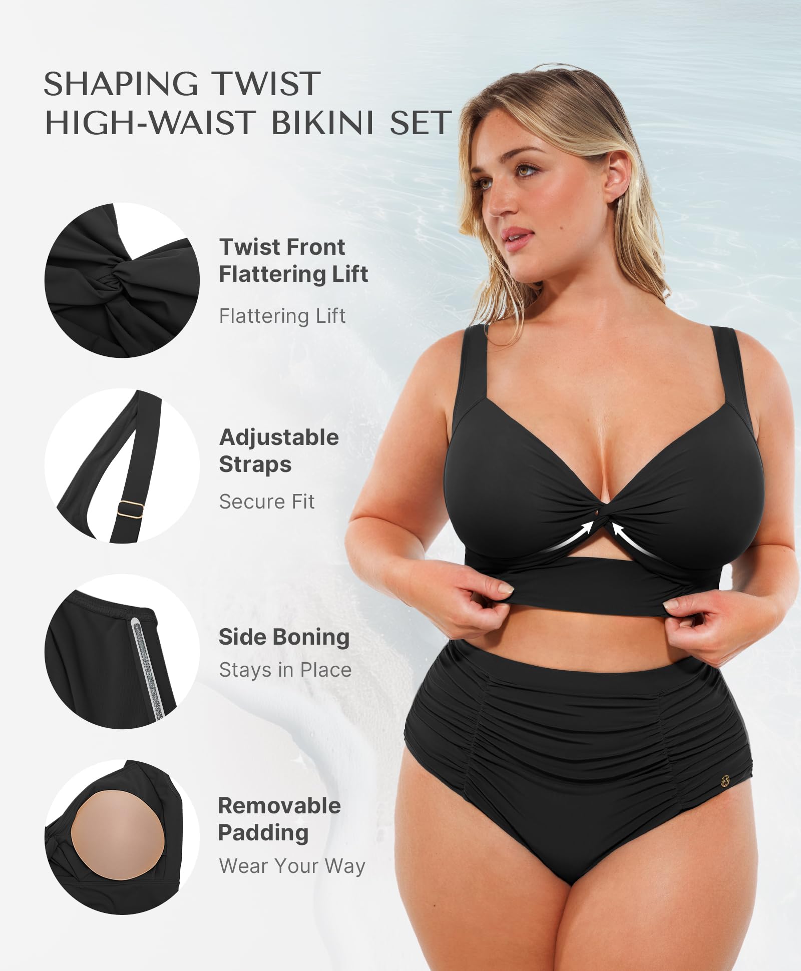 SHAPELLX Black Tummy Control Bikini High Waisted Swimsuits Push Up Padded Bathing Suit Ruched Twist Front Swim Suit (Black, XLarge)