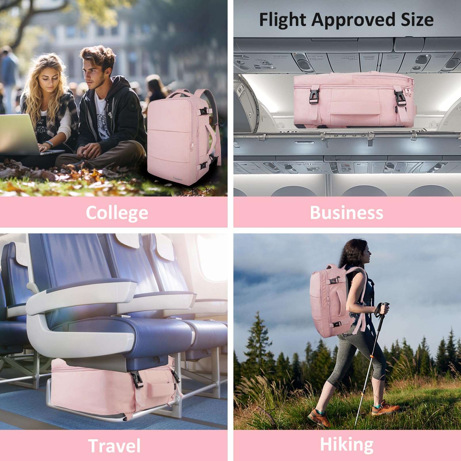 Taygeer Travel Backpack for Women, Carry On Backpack with Water Bottle Pocket & Shoe Pouch, TSA 15.6inch Laptop Mochila Flight Approved, Nurse Bag Casual Daypack for Weekender Business Hiking, Pink