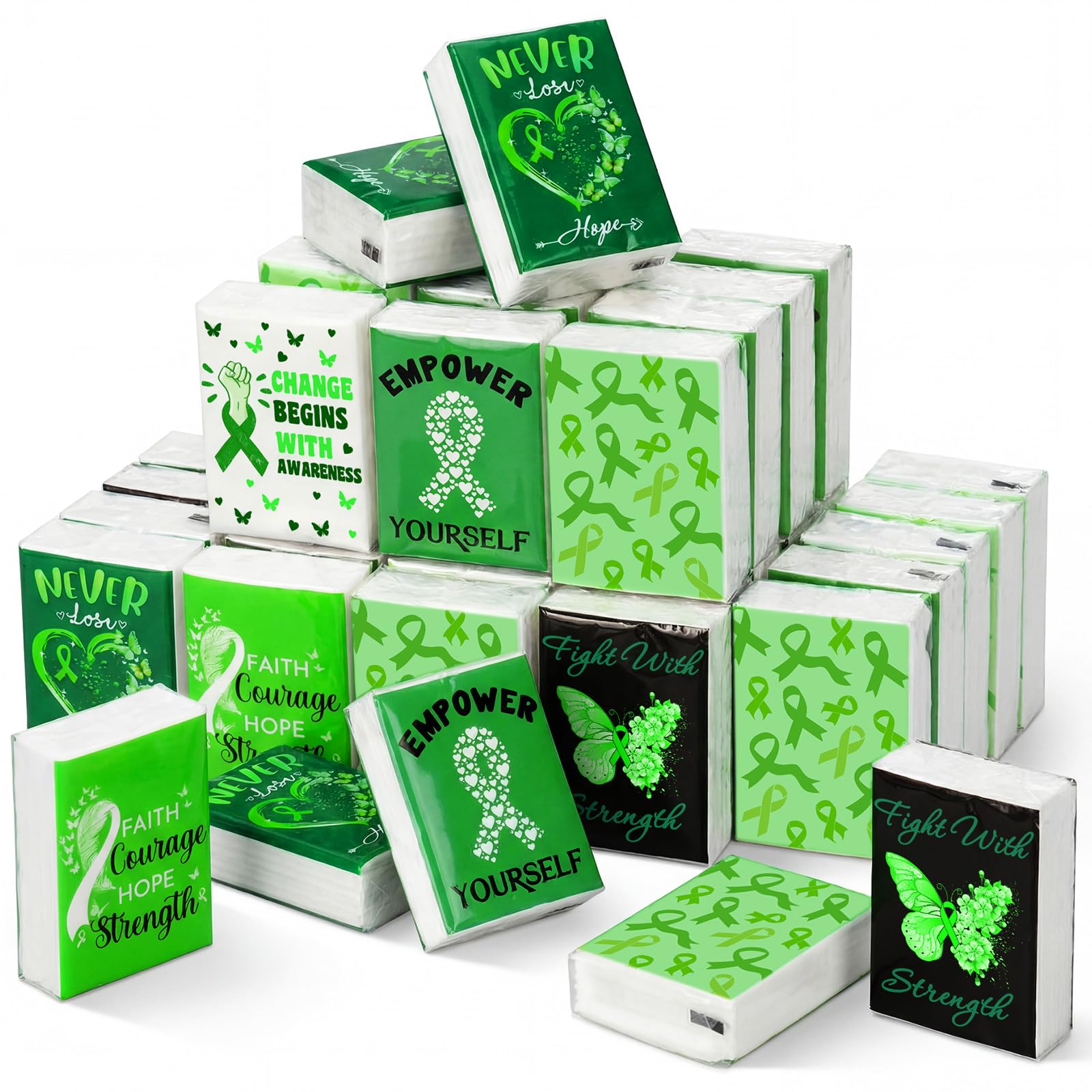 Honoson 60 Pack Mental Health Awareness Tissues Bulk Green Ribbon Mental Health Awareness Month Gifts Favor Travel Pocket Tissue for Charity Event Supplies Volunteer Activities