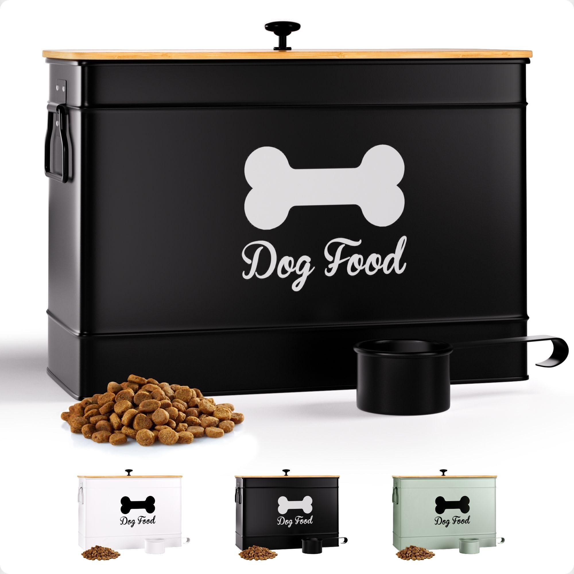 Dog Food Container Airtight 15 lb (50 Cup) Capacity with Metal Scoop - Cute Airtight Dog Food Storage Container with Bamboo Lid - Black Metal Kibble Storage Bin for Dogs up to 100 lbs - Big Pet Jar