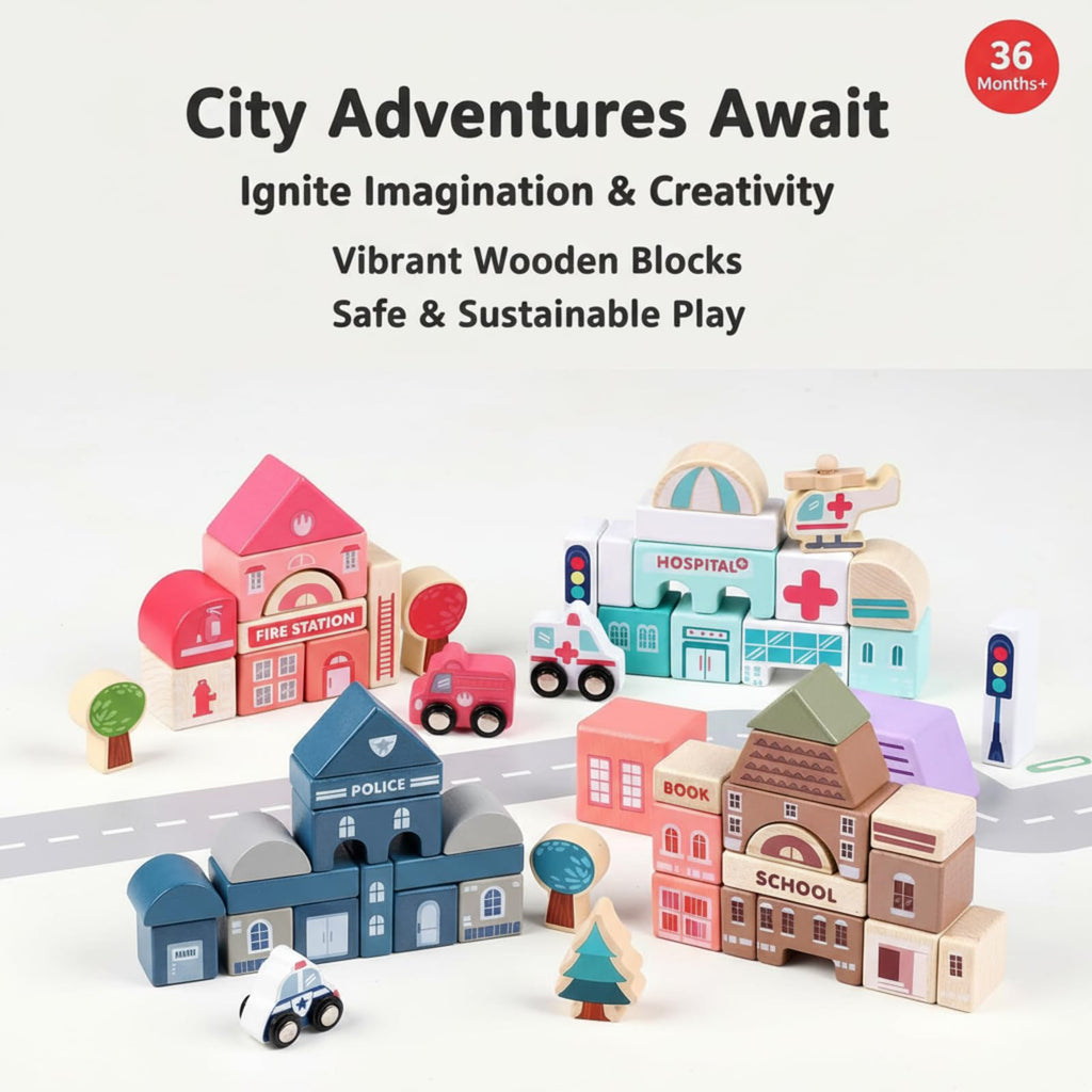 Migargle Wooden Building Blocks Set, City Construction Stacker Stacking Preschool Learning Educational Toys, Toddler Toys for 3+ Year Old Boy and Girl Gifts