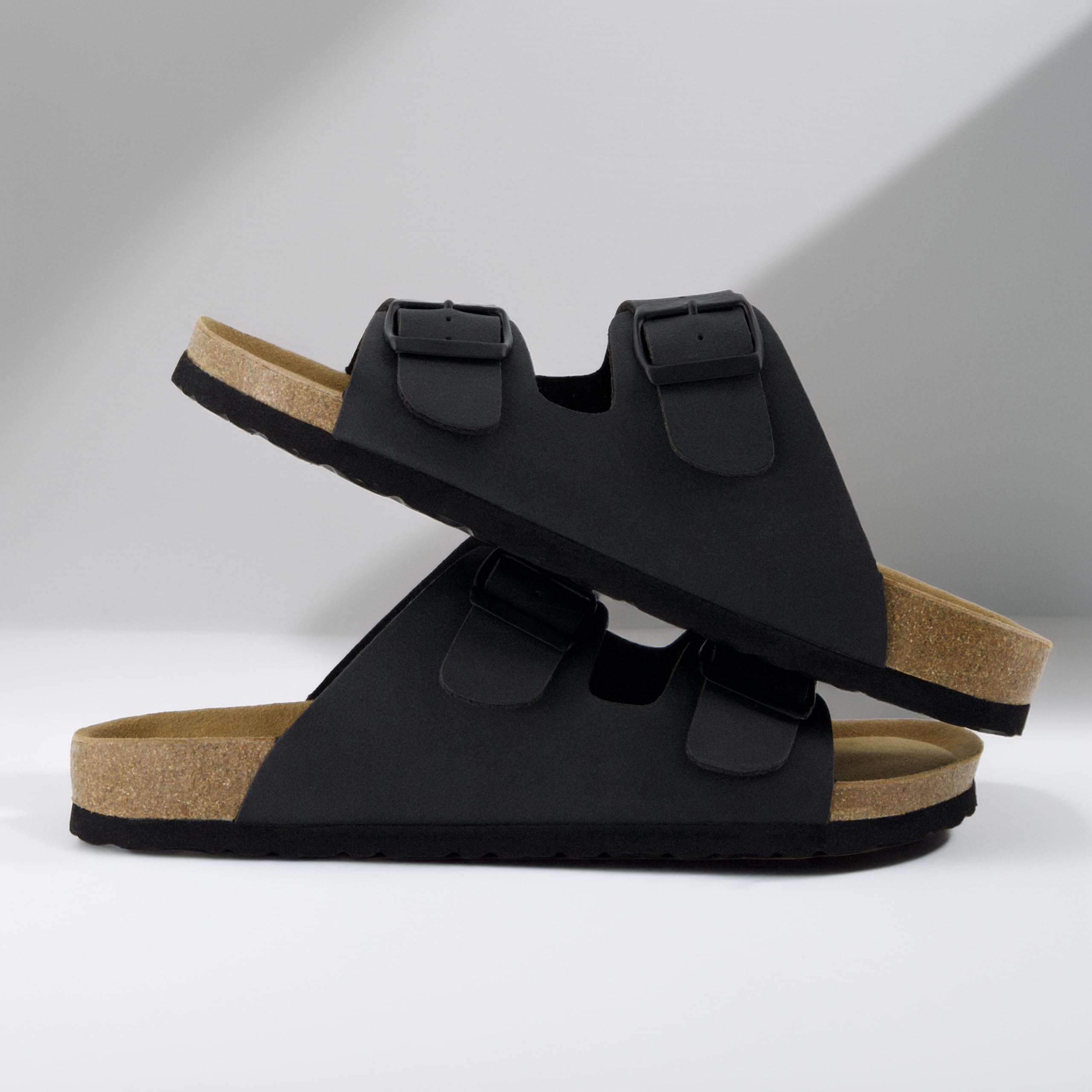 CUSHIONAIRE Lane Cork Footbed Mens Sandals, Adjustable Buckle Comfort Slides for Men, Genuine Leather Insole Summer Sandals Men Footwear, BLACK 10