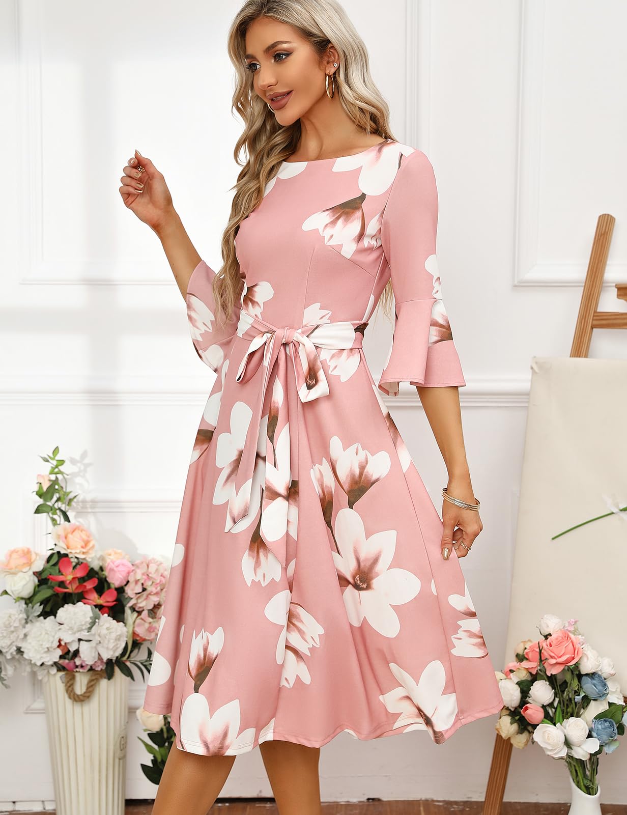 HomRain Modest for Church Elegant 3/4 Sleeve Dress for Women Casual Work Bell Sleeve Dresses for Formal Bridesmaid Wedding Guest Blush-White-Flower XL