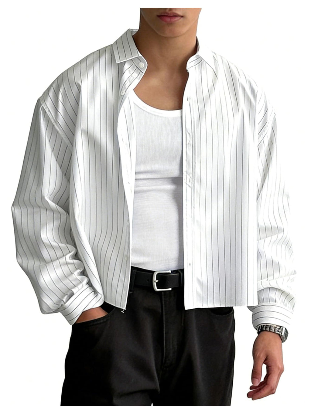 GORGLITTER Men's Cropped Button Down Shirts Striped Long Sleeve Oversized Casual Shirt Hip Hop Streetwear White Large