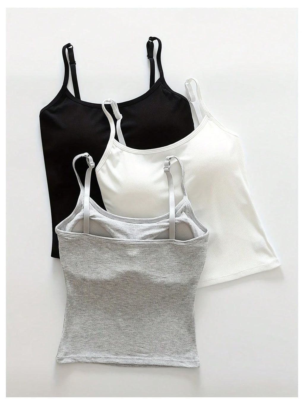WDIRARA Women's 3 Pack Cami Crop Top Built in Bra Spaghetti Strap Tank Camisole Tops Black White Grey Large