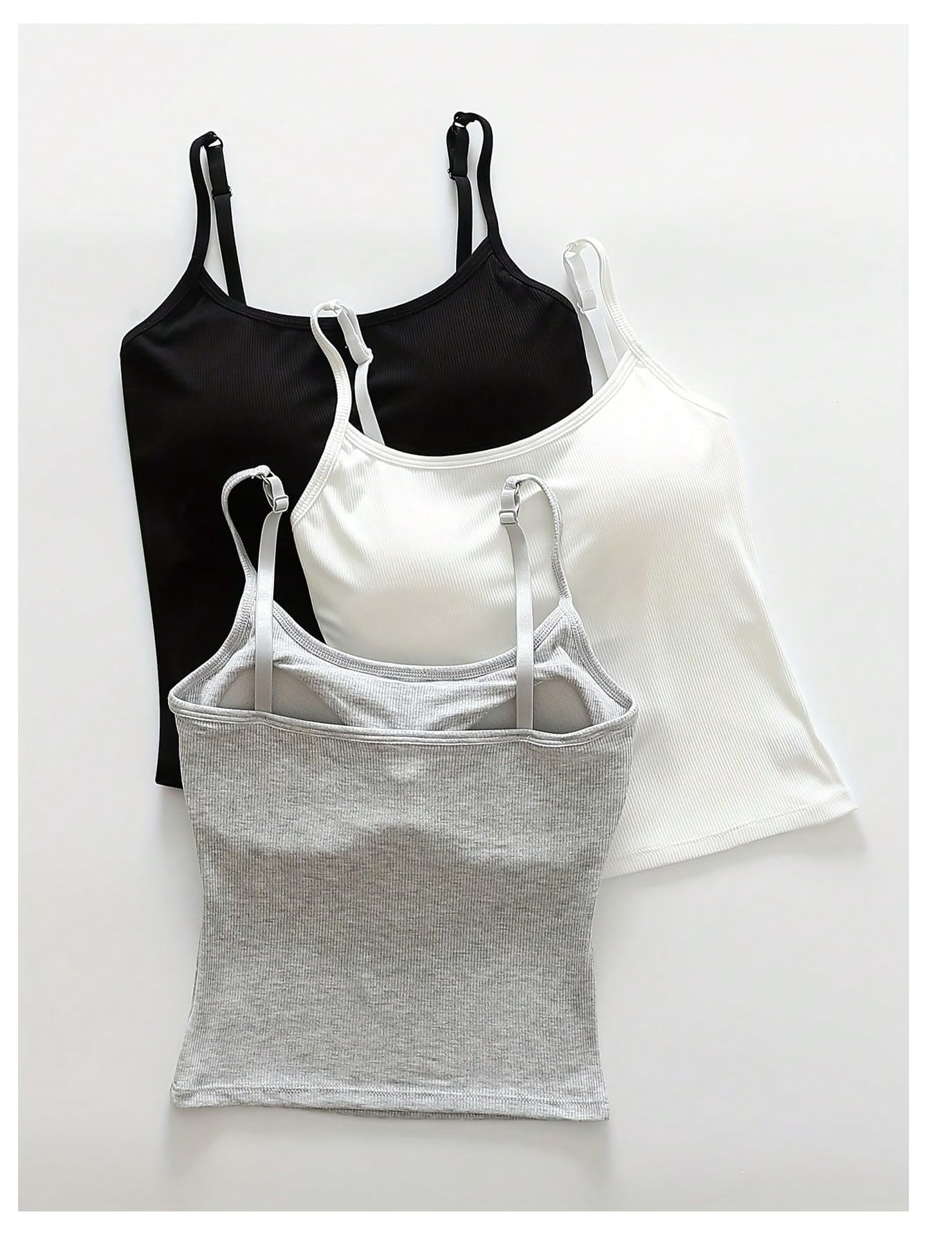 WDIRARA Women's 3 Pack Cami Crop Top Built in Bra Spaghetti Strap Tank Camisole Tops Black White Grey Medium