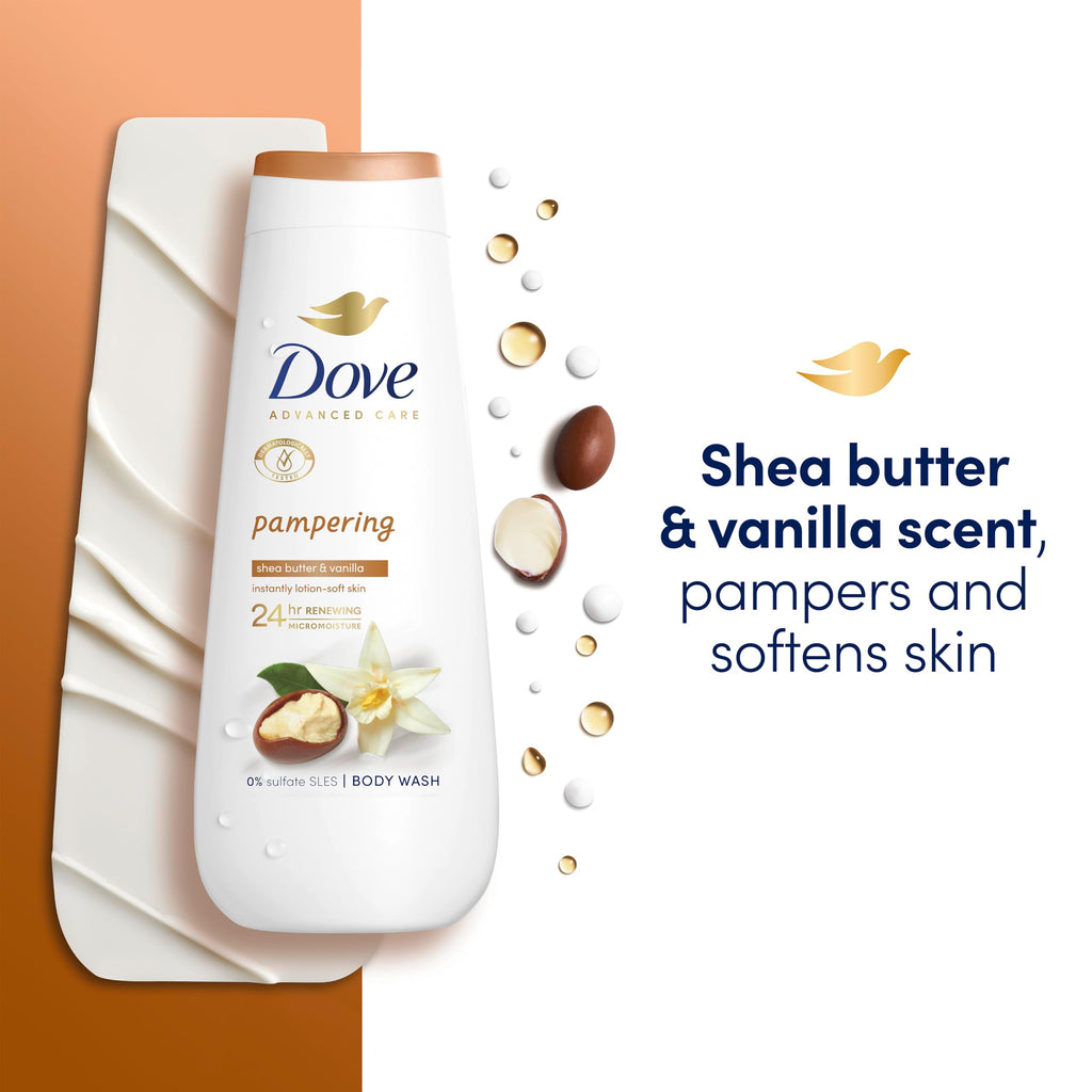 Dove Advanced Care Pampering Body Wash Body Cleanser shower gel with a shea butter & vanilla scent for instantly lotion-soft skin 6x 225 ml
