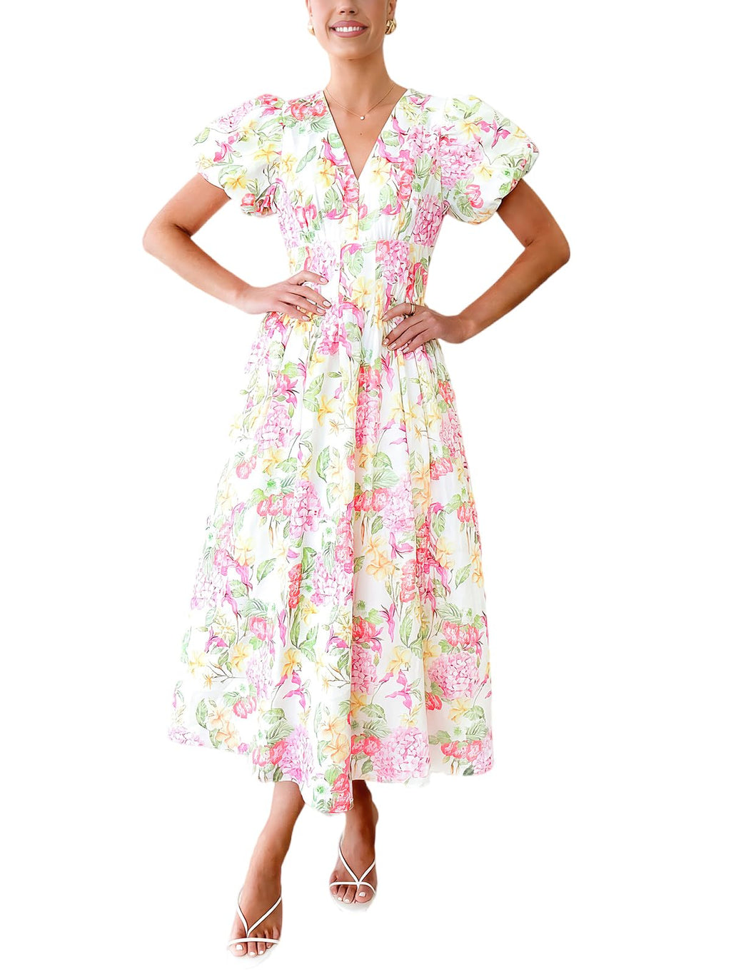 Flessibili Womens Short Sleeve Floral Maxi Dresses 2026 Spring Wedding Guest Party Summer Dress Pink Hydrangea X-Large