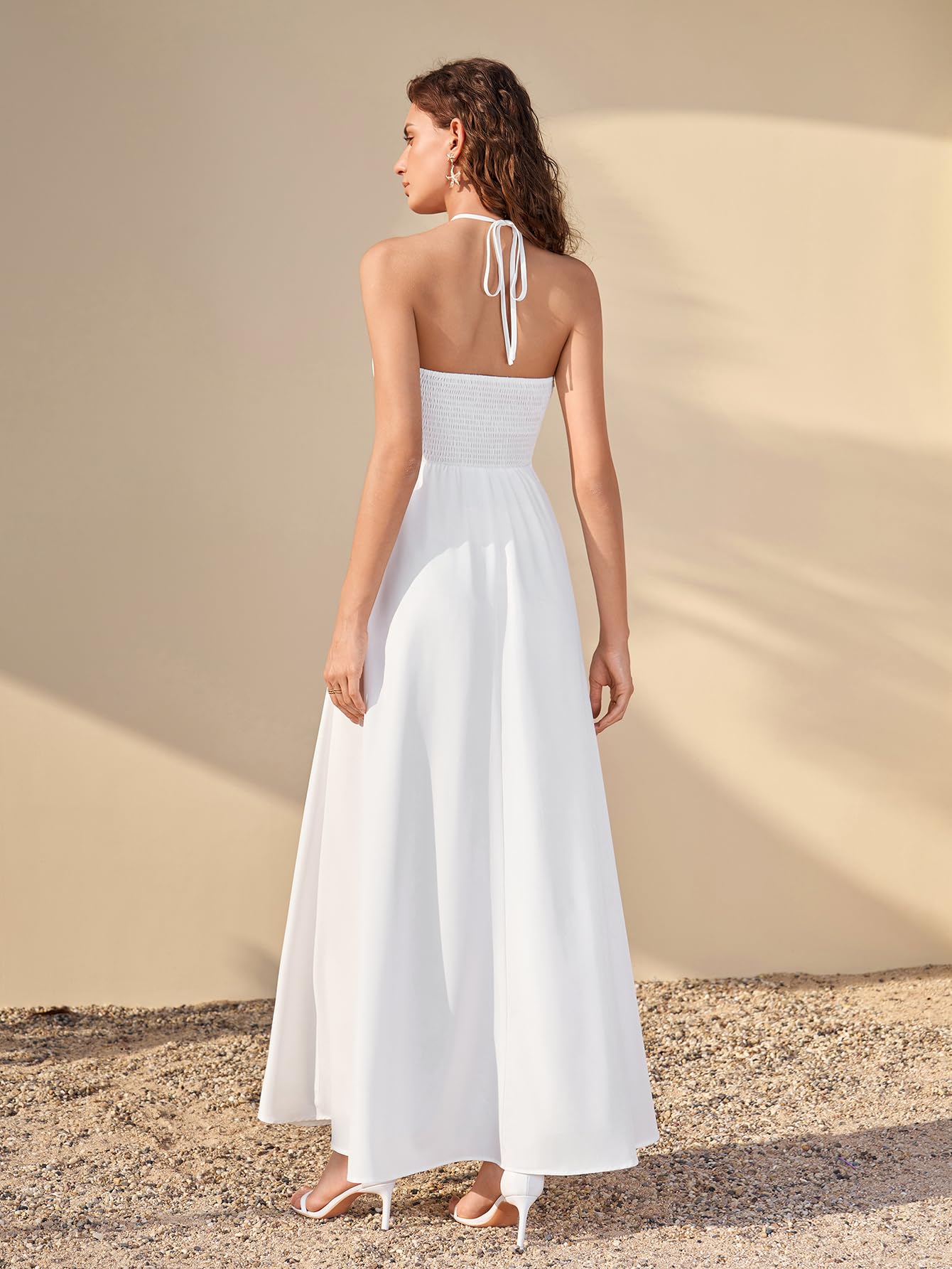HTZMO Women Floral Maxi Sundress Beads Boho Summer Halter Tie Cut Out Beach Vacation Casual Long Dresses with Pockets White L